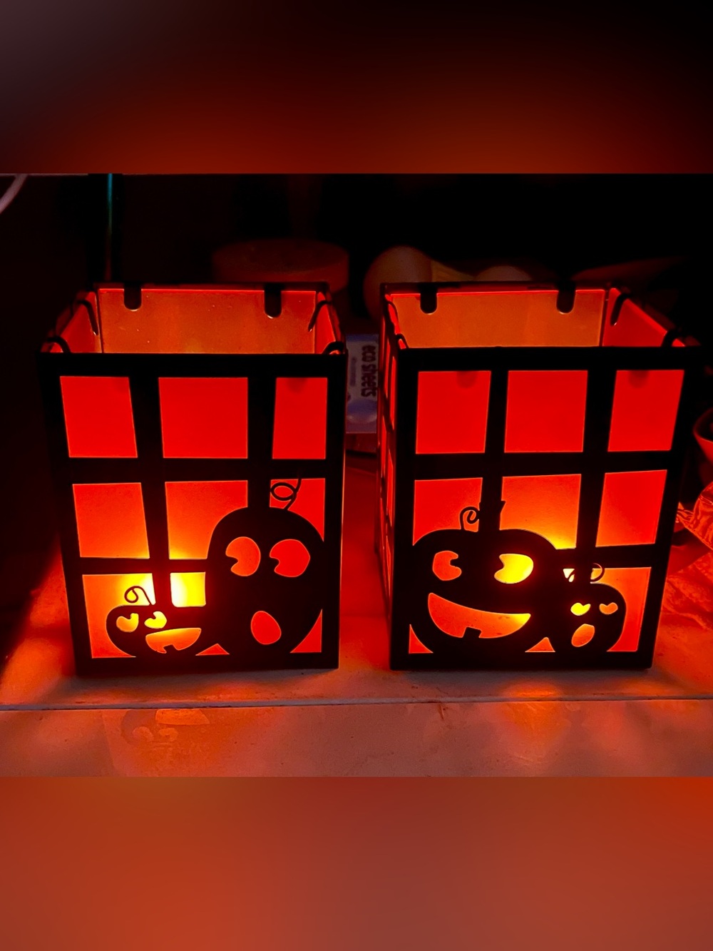 Set of 2 Halloween Pumpkin Window Lanterns Luminaries Decorative Candle Holders